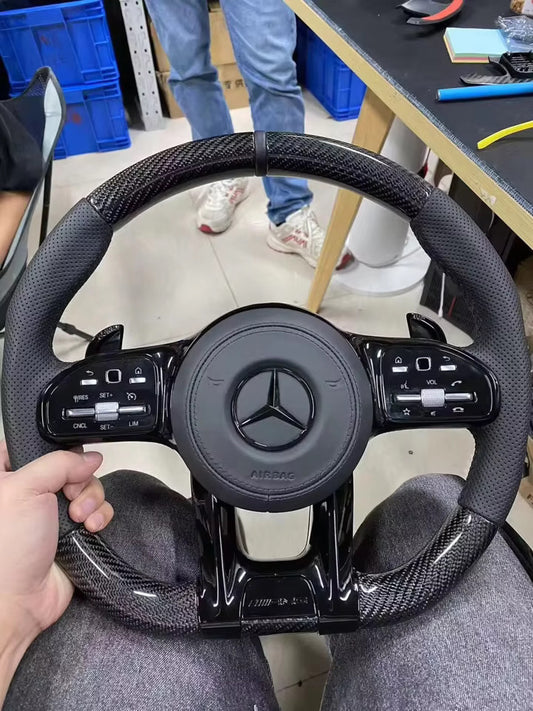 Mercedes Custom AMG Flat Bottom Steering Wheel – Black Leather & Carbon Fiber, Grey Stripe, Gloss Black Trim, Touch Control Buttons | Fits C-Class, E-Class, CLS, GLC, GLE, G-Class + more | Plug & Play | Retrofit Upgrade for Older Models