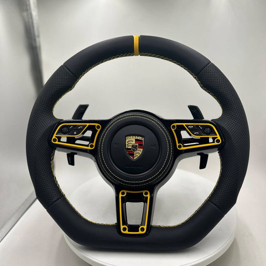 Custom Flat Bottom Steering Wheel | Smooth & Perforated Leather | Yellow Stitching & Race Stripe | Fits 2008 Porsche 911 997 Manual
