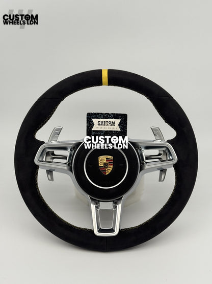 Porsche Custom GT3 RS-Style Steering Wheel – Alcantara, Yellow Stripe & Stitching, Silver Extended Paddles | Fits 997.1, 997.2, 991.1, Boxster, Cayman, Cayenne, Panamera + more | Plug & Play | With Airbag | Upgrade for Older Models Available