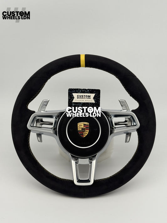 Porsche Custom GT3 RS-Style Steering Wheel – Alcantara, Yellow Stripe & Stitching, Silver Extended Paddles | Fits 997.1, 997.2, 991.1, Boxster, Cayman, Cayenne, Panamera + more | Plug & Play | With Airbag | Upgrade for Older Models Available