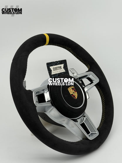 Porsche Custom GT3 RS-Style Steering Wheel – Alcantara, Yellow Stripe & Stitching, Silver Extended Paddles | Fits 997.1, 997.2, 991.1, Boxster, Cayman, Cayenne, Panamera + more | Plug & Play | With Airbag | Upgrade for Older Models Available