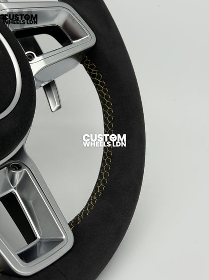 Porsche Custom GT3 RS-Style Steering Wheel – Alcantara, Yellow Stripe & Stitching, Silver Extended Paddles | Fits 997.1, 997.2, 991.1, Boxster, Cayman, Cayenne, Panamera + more | Plug & Play | With Airbag | Upgrade for Older Models Available