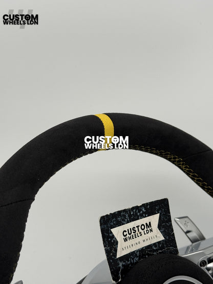 Porsche Custom GT3 RS-Style Steering Wheel – Alcantara, Yellow Stripe & Stitching, Silver Extended Paddles | Fits 997.1, 997.2, 991.1, Boxster, Cayman, Cayenne, Panamera + more | Plug & Play | With Airbag | Upgrade for Older Models Available