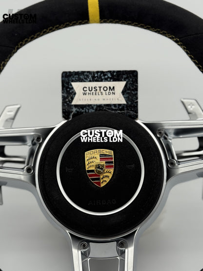 Porsche Custom GT3 RS-Style Steering Wheel – Alcantara, Yellow Stripe & Stitching, Silver Extended Paddles | Fits 997.1, 997.2, 991.1, Boxster, Cayman, Cayenne, Panamera + more | Plug & Play | With Airbag | Upgrade for Older Models Available