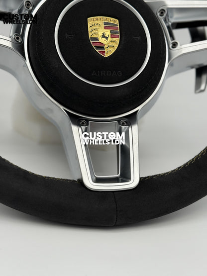 Porsche Custom GT3 RS-Style Steering Wheel – Alcantara, Yellow Stripe & Stitching, Silver Extended Paddles | Fits 997.1, 997.2, 991.1, Boxster, Cayman, Cayenne, Panamera + more | Plug & Play | With Airbag | Upgrade for Older Models Available
