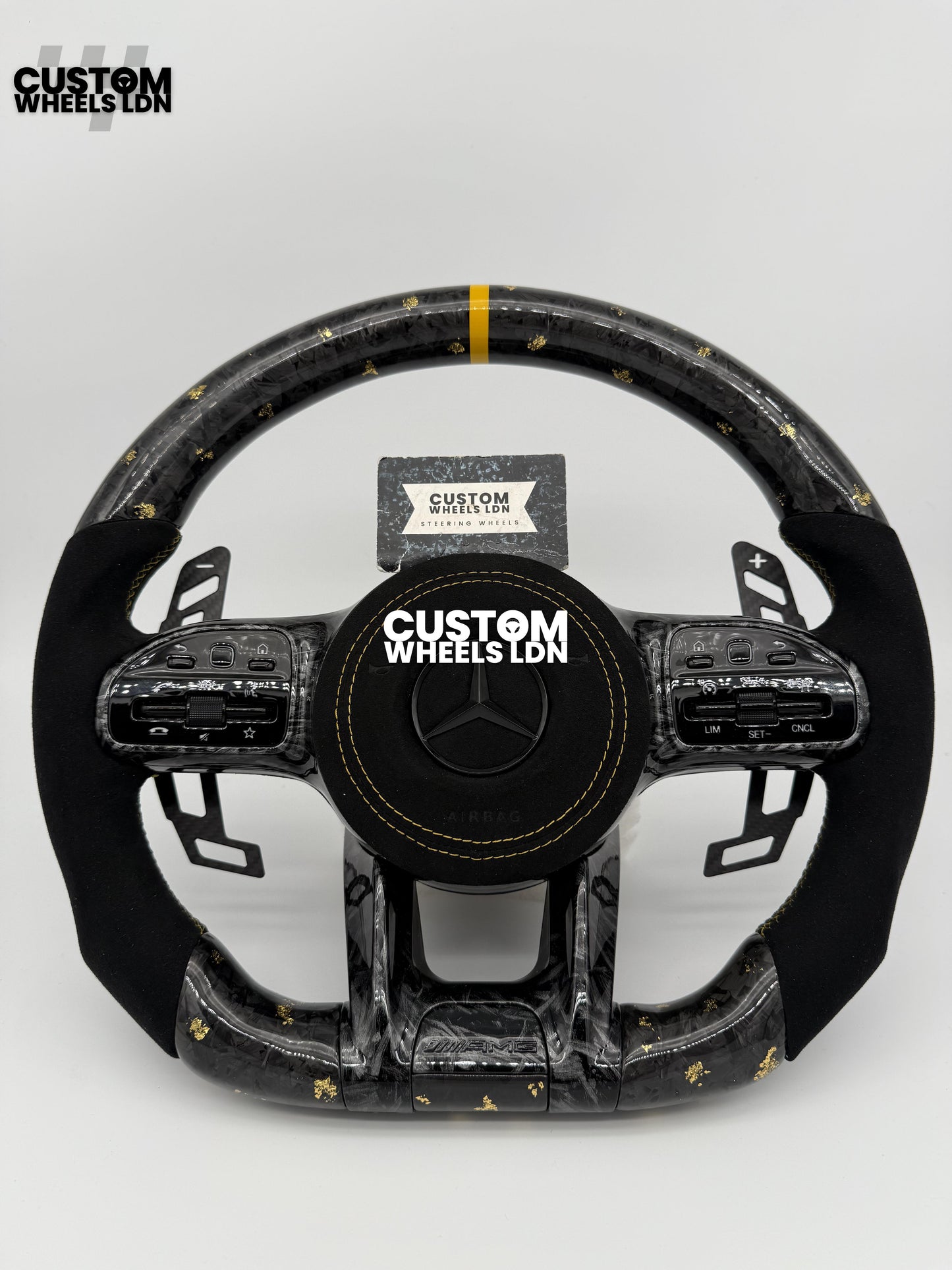 Mercedes Custom Gold Flake Forged Carbon Flat Bottom Steering Wheel – Magnetic Extended Paddles, OEM Black Buttons | Fits A-Class, C-Class, E-Class, GLC, GLE + more | Plug & Play | With Airbag | Upgrade for Older Models Available