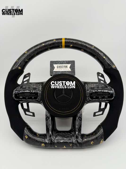 Mercedes Custom Gold Flake Forged Carbon Flat Bottom Steering Wheel – Magnetic Extended Paddles, OEM Black Buttons | Fits A-Class, C-Class, E-Class, GLC, GLE + more | Plug & Play | With Airbag | Upgrade for Older Models Available