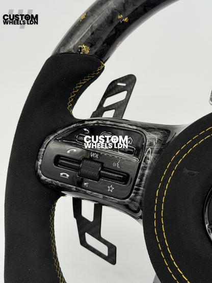 Mercedes Custom Gold Flake Forged Carbon Flat Bottom Steering Wheel – Magnetic Extended Paddles, OEM Black Buttons | Fits A-Class, C-Class, E-Class, GLC, GLE + more | Plug & Play | With Airbag | Upgrade for Older Models Available