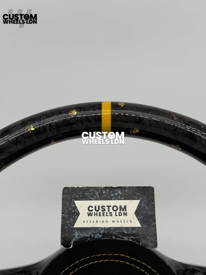 Mercedes Custom Gold Flake Forged Carbon Flat Bottom Steering Wheel – Magnetic Extended Paddles, OEM Black Buttons | Fits A-Class, C-Class, E-Class, GLC, GLE + more | Plug & Play | With Airbag | Upgrade for Older Models Available