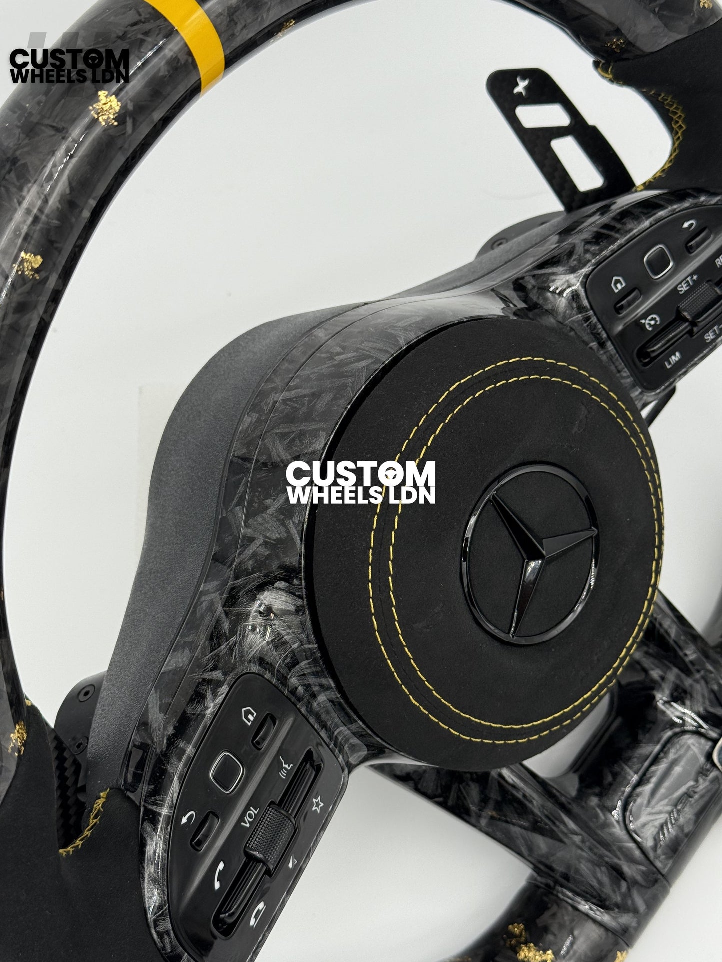 Mercedes Custom Gold Flake Forged Carbon Flat Bottom Steering Wheel – Magnetic Extended Paddles, OEM Black Buttons | Fits A-Class, C-Class, E-Class, GLC, GLE + more | Plug & Play | With Airbag | Upgrade for Older Models Available