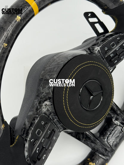 Mercedes Custom Gold Flake Forged Carbon Flat Bottom Steering Wheel – Magnetic Extended Paddles, OEM Black Buttons | Fits A-Class, C-Class, E-Class, GLC, GLE + more | Plug & Play | With Airbag | Upgrade for Older Models Available