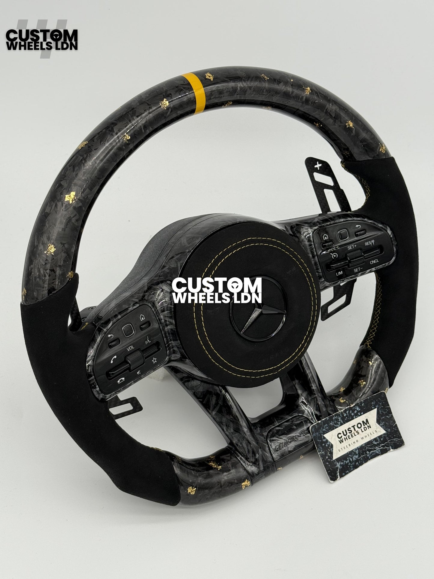 Mercedes Custom Gold Flake Forged Carbon Flat Bottom Steering Wheel – Magnetic Extended Paddles, OEM Black Buttons | Fits A-Class, C-Class, E-Class, GLC, GLE + more | Plug & Play | With Airbag | Upgrade for Older Models Available