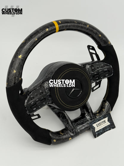 Mercedes Custom Gold Flake Forged Carbon Flat Bottom Steering Wheel – Magnetic Extended Paddles, OEM Black Buttons | Fits A-Class, C-Class, E-Class, GLC, GLE + more | Plug & Play | With Airbag | Upgrade for Older Models Available