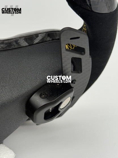 Mercedes Custom Gold Flake Forged Carbon Flat Bottom Steering Wheel – Magnetic Extended Paddles, OEM Black Buttons | Fits A-Class, C-Class, E-Class, GLC, GLE + more | Plug & Play | With Airbag | Upgrade for Older Models Available