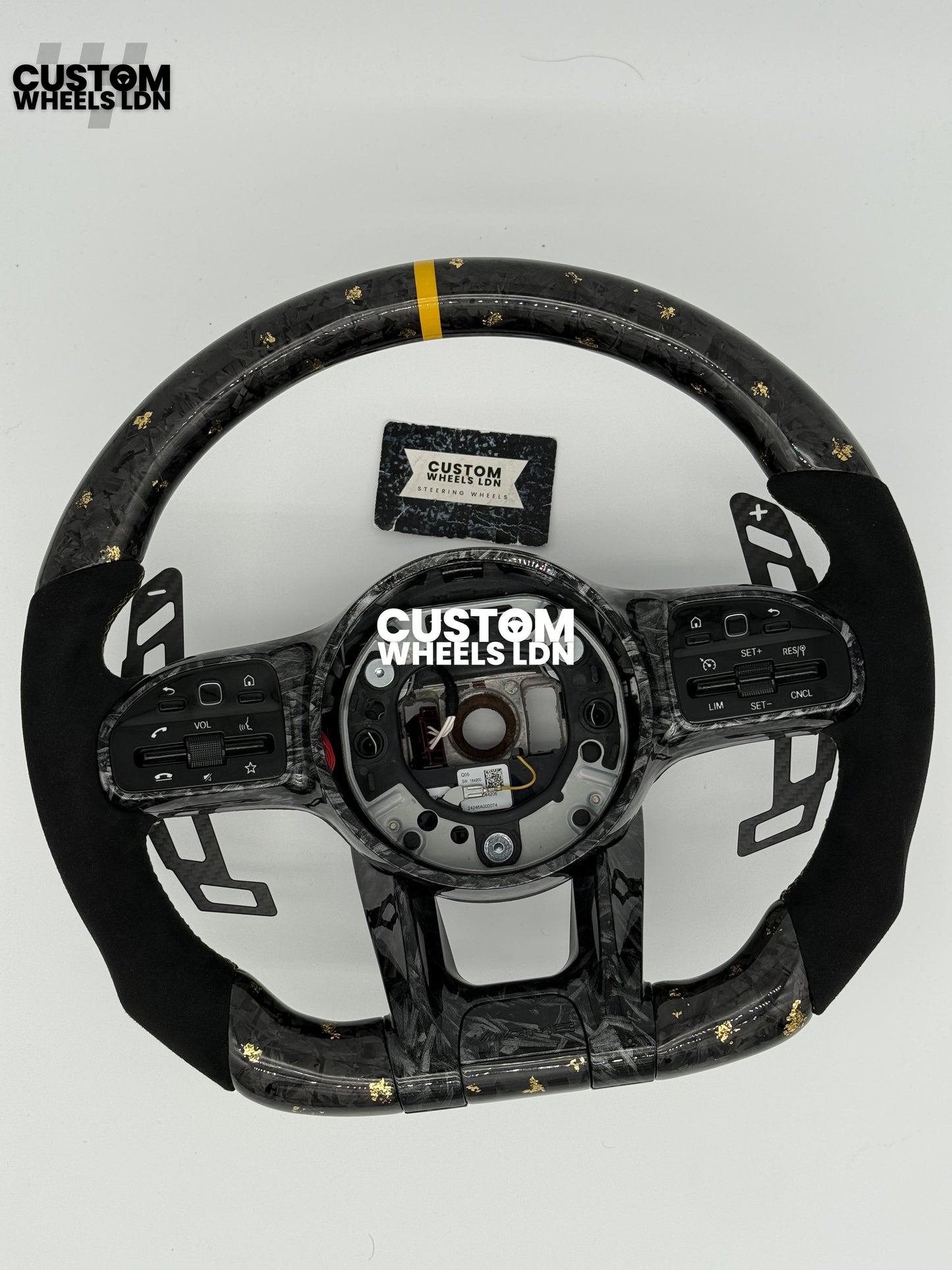 Mercedes Custom Gold Flake Forged Carbon Flat Bottom Steering Wheel – Magnetic Extended Paddles, OEM Black Buttons | Fits A-Class, C-Class, E-Class, GLC, GLE + more | Plug & Play | With Airbag | Upgrade for Older Models Available