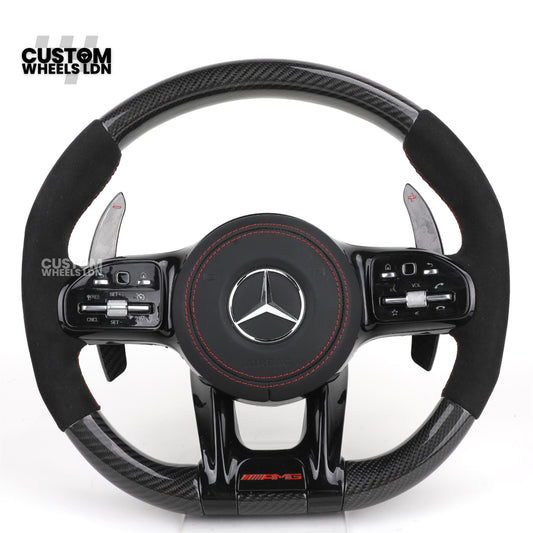rcedes Custom AMG Steering Wheel Carbon Fibre & Alcantara | Red Stitching | Flat Bottom | Paddle Shifters | Complete Retrofit | Fits GLC, GLE, C-Class, E-Class, W205, W213 + more