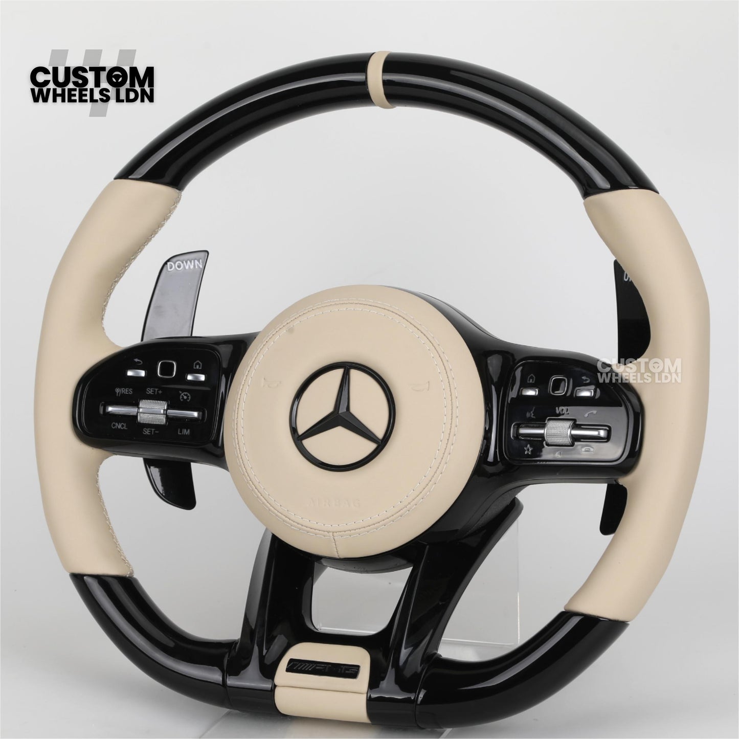 Mercedes Custom Steering Wheel | AMG Style Piano Black with Beige Leather & Stripe | Silver Paddles | Complete Retrofit for Older Models | Fits W205 W204 W212 W213 W218 W207 + more