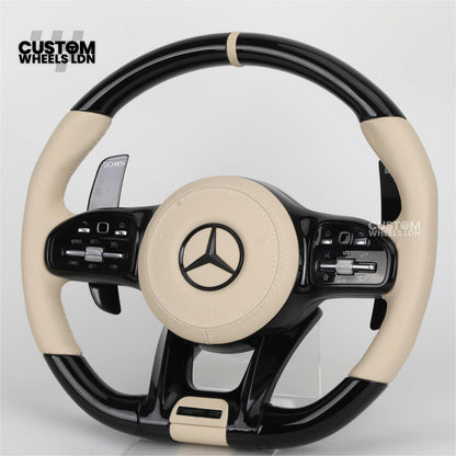 Mercedes Custom Steering Wheel | AMG Style Piano Black with Beige Leather & Stripe | Silver Paddles | Complete Retrofit for Older Models | Fits W205 W204 W212 W213 W218 W207 + more