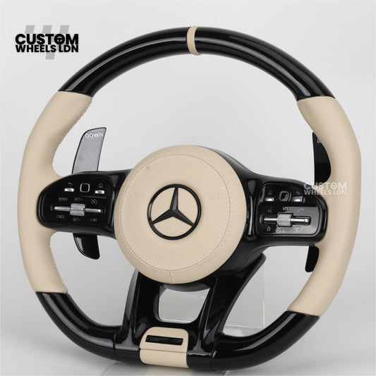 Mercedes Custom Steering Wheel | AMG Style Piano Black with Beige Leather & Stripe | Silver Paddles | Complete Retrofit for Older Models | Fits W205 W204 W212 W213 W218 W207 + more