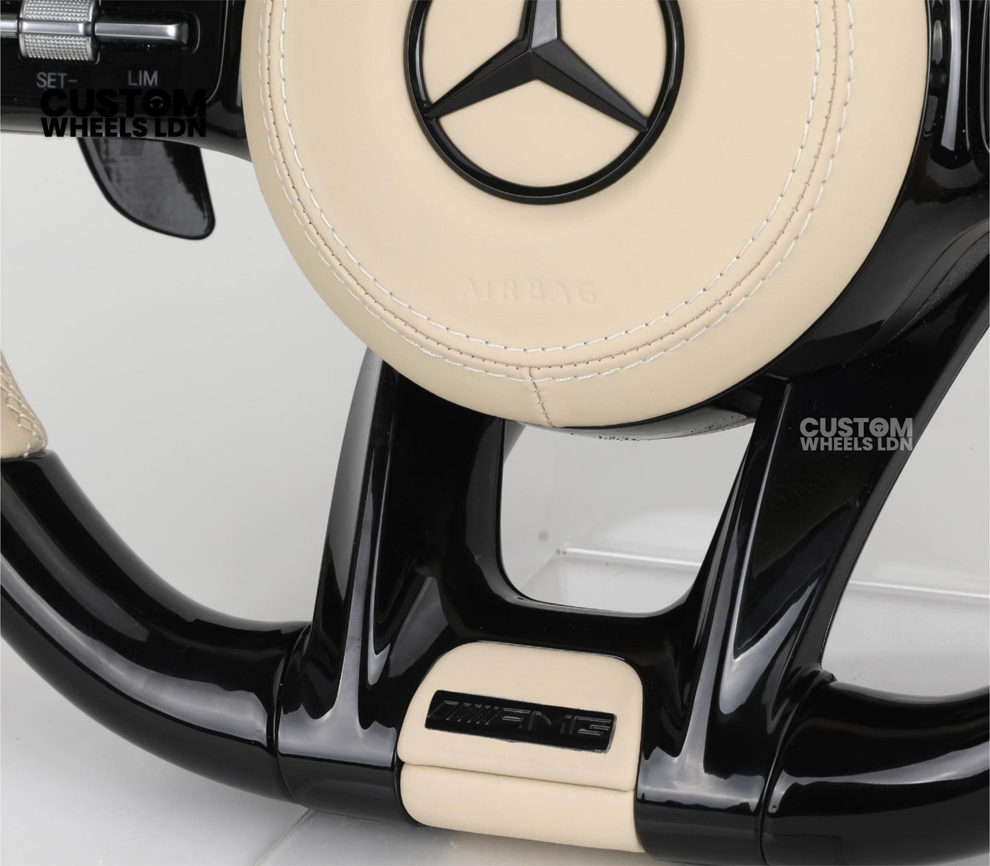 Mercedes Custom Steering Wheel | AMG Style Piano Black with Beige Leather & Stripe | Silver Paddles | Complete Retrofit for Older Models | Fits W205 W204 W212 W213 W218 W207 + more
