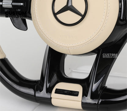 Mercedes Custom Steering Wheel | AMG Style Piano Black with Beige Leather & Stripe | Silver Paddles | Complete Retrofit for Older Models | Fits W205 W204 W212 W213 W218 W207 + more