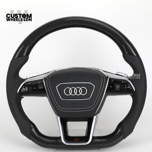 Audi Custom Q/RS Flat Bottom Steering Wheel – Carbon Top & Bottom, Perforated Leather, White Stitching, Silver Paddles | Fits Q3, Q5, SQ5, Q7, Q8, SQ8, RSQ8, A6, A7, S6, S7 + more | Plug & Play | With Airbag | Upgrade for Older Models Available