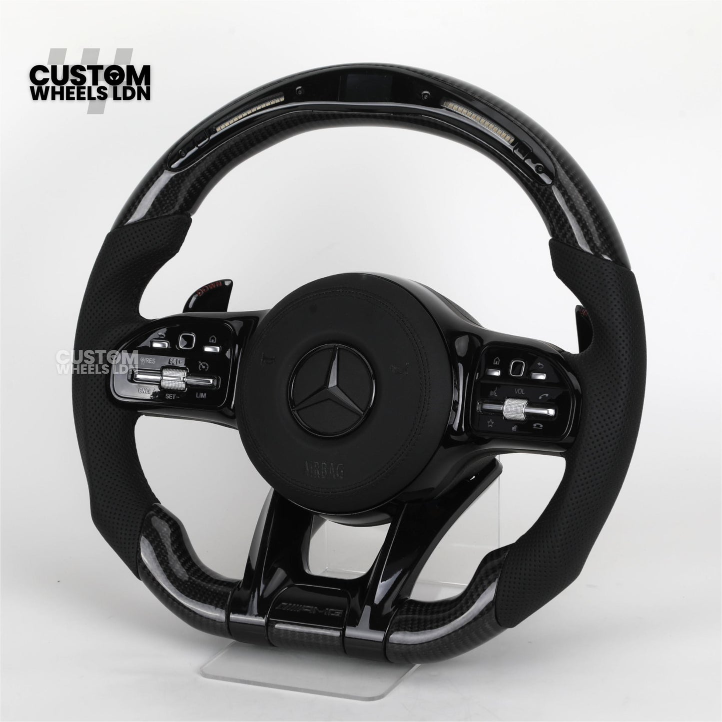 Mercedes Custom AMG Flat Bottom Steering Wheel – Perforated Leather & Gloss Carbon Fibre, LED Display, Piano Black Trim, Touch Control Buttons | Fits C-Class, E-Class, CLS, GLC, GLE, G-Class + more | Plug & Play | Retrofit Upgrade for Older Models