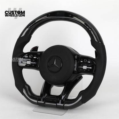 Mercedes Custom AMG Flat Bottom Steering Wheel – Perforated Leather & Gloss Carbon Fibre, LED Display, Piano Black Trim, Touch Control Buttons | Fits C-Class, E-Class, CLS, GLC, GLE, G-Class + more | Plug & Play | Retrofit Upgrade for Older Models