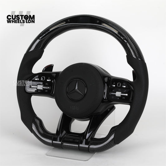Mercedes Custom AMG Flat Bottom Steering Wheel – Perforated Leather & Gloss Carbon Fibre, LED Display, Piano Black Trim, Touch Control Buttons | Fits C-Class, E-Class, CLS, GLC, GLE, G-Class + more | Plug & Play | Retrofit Upgrade for Older Models
