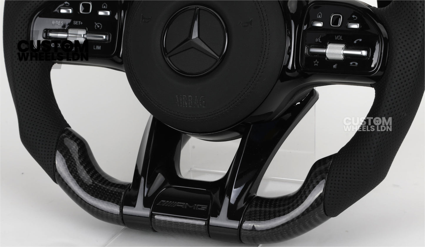 Mercedes Custom AMG Flat Bottom Steering Wheel – Perforated Leather & Gloss Carbon Fibre, LED Display, Piano Black Trim, Touch Control Buttons | Fits C-Class, E-Class, CLS, GLC, GLE, G-Class + more | Plug & Play | Retrofit Upgrade for Older Models