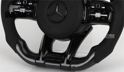 Mercedes Custom AMG Flat Bottom Steering Wheel – Perforated Leather & Gloss Carbon Fibre, LED Display, Piano Black Trim, Touch Control Buttons | Fits C-Class, E-Class, CLS, GLC, GLE, G-Class + more | Plug & Play | Retrofit Upgrade for Older Models