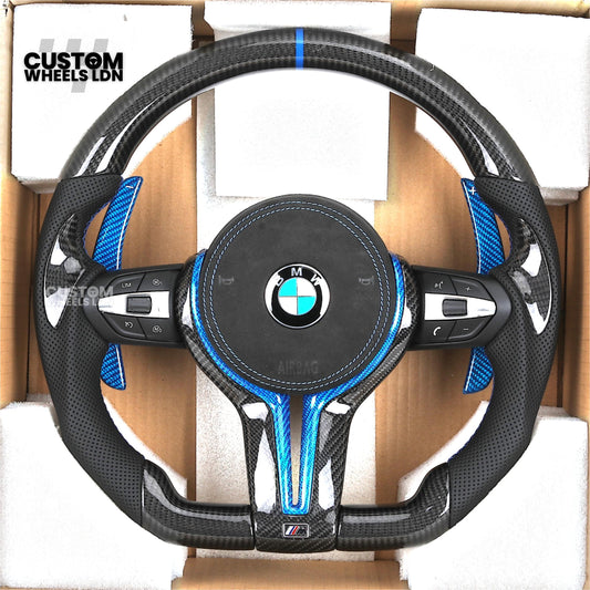 BMW Custom Carbon Fibre Steering Wheel – Blue Trim & Paddles | M Performance | Perforated Leather | Plug & Play | Fits F20, F22, F30, F32, F36, M2, M3, M4, X1, X2 + more