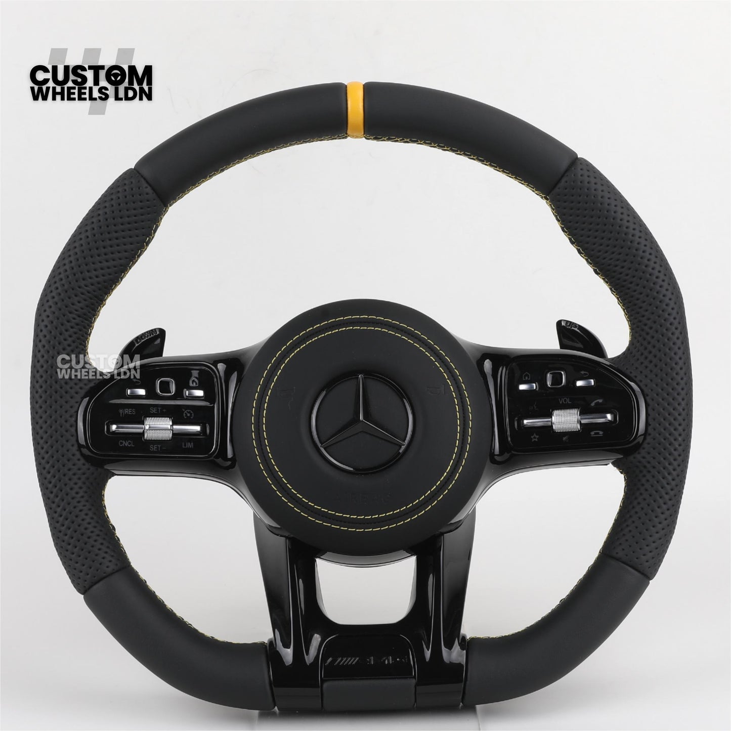 Mercedes Custom AMG Flat Bottom Steering Wheel – Black Leather, Yellow Stitching & Stripe, Piano Black Trim, Touch Control Buttons, AMG Badge | Fits C-Class, E-Class, CLS, GLC, GLE, G-Class + more | Plug & Play | Retrofit Upgrade for Older Models