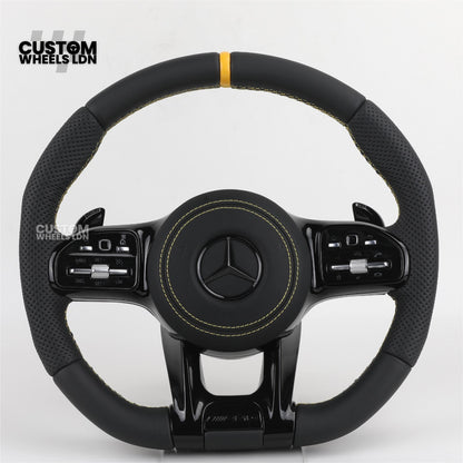 Mercedes Custom AMG Flat Bottom Steering Wheel – Black Leather, Yellow Stitching & Stripe, Piano Black Trim, Touch Control Buttons, AMG Badge | Fits C-Class, E-Class, CLS, GLC, GLE, G-Class + more | Plug & Play | Retrofit Upgrade for Older Models