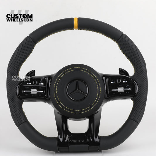 Mercedes Custom AMG Flat Bottom Steering Wheel – Black Leather, Yellow Stitching & Stripe, Piano Black Trim, Touch Control Buttons, AMG Badge | Fits C-Class, E-Class, CLS, GLC, GLE, G-Class + more | Plug & Play | Retrofit Upgrade for Older Models