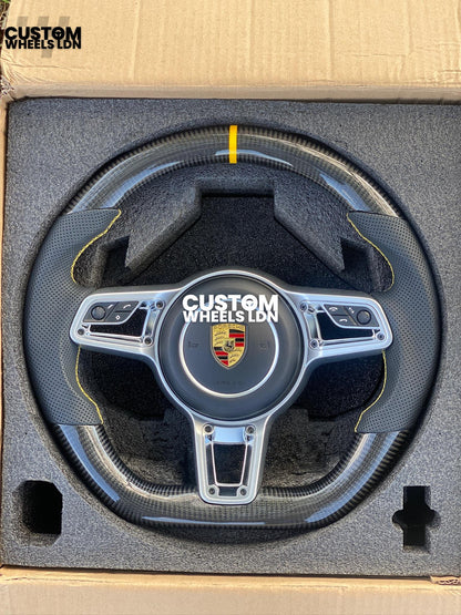 Porsche Custom Flat Bottom Steering Wheel – Gloss Carbon Fibre, Perforated Leather, Yellow Stitching & Stripe | Fits 991, 997, 981, 718, Boxster, Cayman, Macan, Panamera + more | Plug & Play | With Airbag | Upgrade for Older Models Available