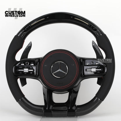 Mercedes Custom AMG Flat Bottom Steering Wheel – Perforated Leather & Gloss Carbon Fibre, LED Display, Red Stitching, Piano Black Trim, Carbon Paddles, Touch Control Buttons | Fits C-Class, E-Class, GLC, GLE, CLS, G-Class + more | Plug & Play | Retrofit U