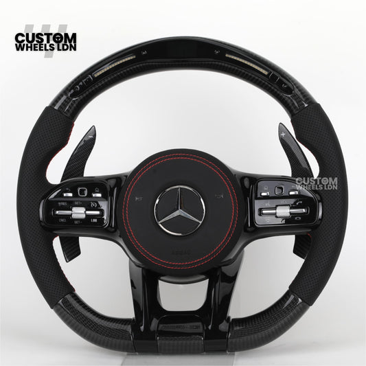 Mercedes Custom AMG Flat Bottom Steering Wheel – Perforated Leather & Gloss Carbon Fibre, LED Display, Red Stitching, Piano Black Trim, Carbon Paddles, Touch Control Buttons | Fits C-Class, E-Class, GLC, GLE, CLS, G-Class + more | Plug & Play | Retrofit U