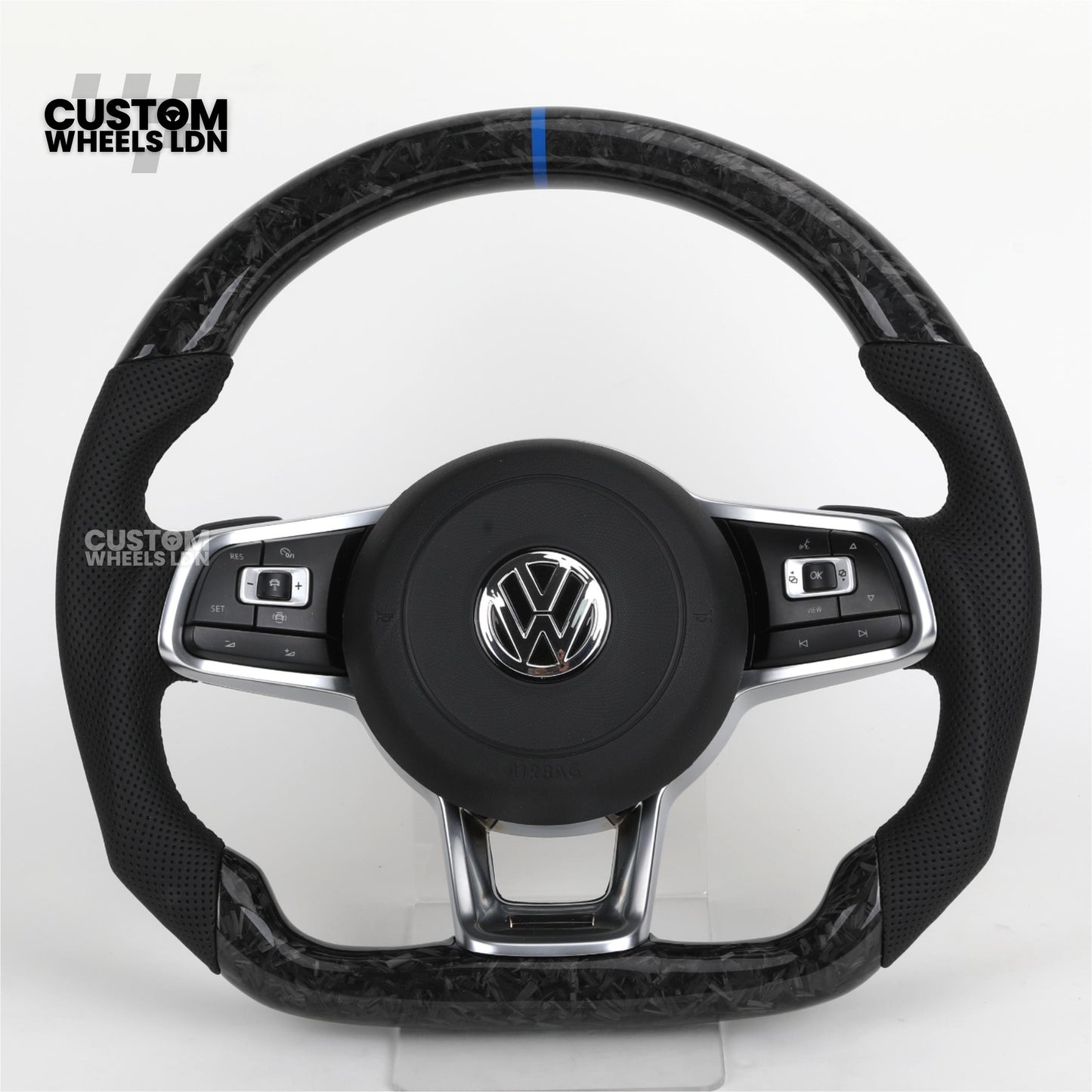 Volkswagen MK7 Custom Steering Wheel – Forged Carbon with Blue Centre Stripe & Perforated Leather Grips | Fits Golf GTI, R, Scirocco + more | Plug & Play Upgrade