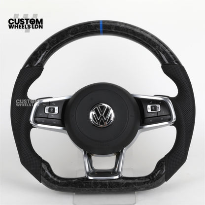 Volkswagen MK7 Custom Steering Wheel – Forged Carbon with Blue Centre Stripe & Perforated Leather Grips | Fits Golf GTI, R, Scirocco + more | Plug & Play Upgrade