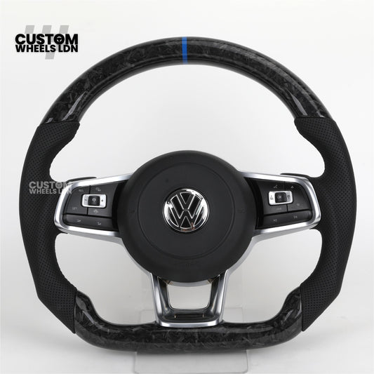 Volkswagen MK7 Custom Steering Wheel – Forged Carbon with Blue Centre Stripe & Perforated Leather Grips | Fits Golf GTI, R, Scirocco + more | Plug & Play Upgrade