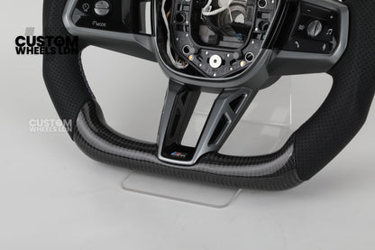 BMW Custom i5 G60 Flat Bottom Steering Wheel – Carbon Fiber, BMW M Stripe, Silver Trim, Perforated Leather Grips | Fits G20 3 Series, G22 4 Series, G30 5 Series + more | Plug & Play | Retrofit Upgrade for Older Models