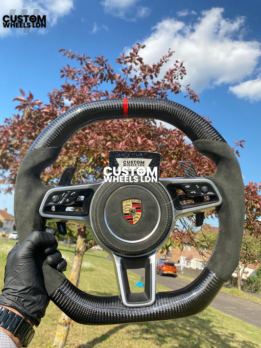 Porsche Custom Flat Top & Bottom Steering Wheel – Gloss Carbon Fibre, Alcantara Grips, Grey Stitching, Carbon Paddles, OEM Buttons | Fits 997.1, 991.1, 987, Panamera, Cayenne + more | Plug & Play | With Airbag | Upgrade for Older Models Available