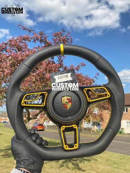 Porsche Custom Flat Bottom Steering Wheel – Black Perforated Leather, Yellow Stitching, Yellow Stripe,| Fits 997.1, 991.1, Cayman, Boxster, Macan, Cayenne + more | Plug & Play | Upgrade for Older Models Available