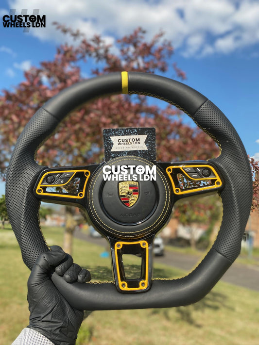 Porsche Custom Flat Bottom Steering Wheel – Black Perforated Leather, Yellow Stitching, Yellow Stripe,| Fits 997.1, 991.1, Cayman, Boxster, Macan, Cayenne + more | Plug & Play | Upgrade for Older Models Available