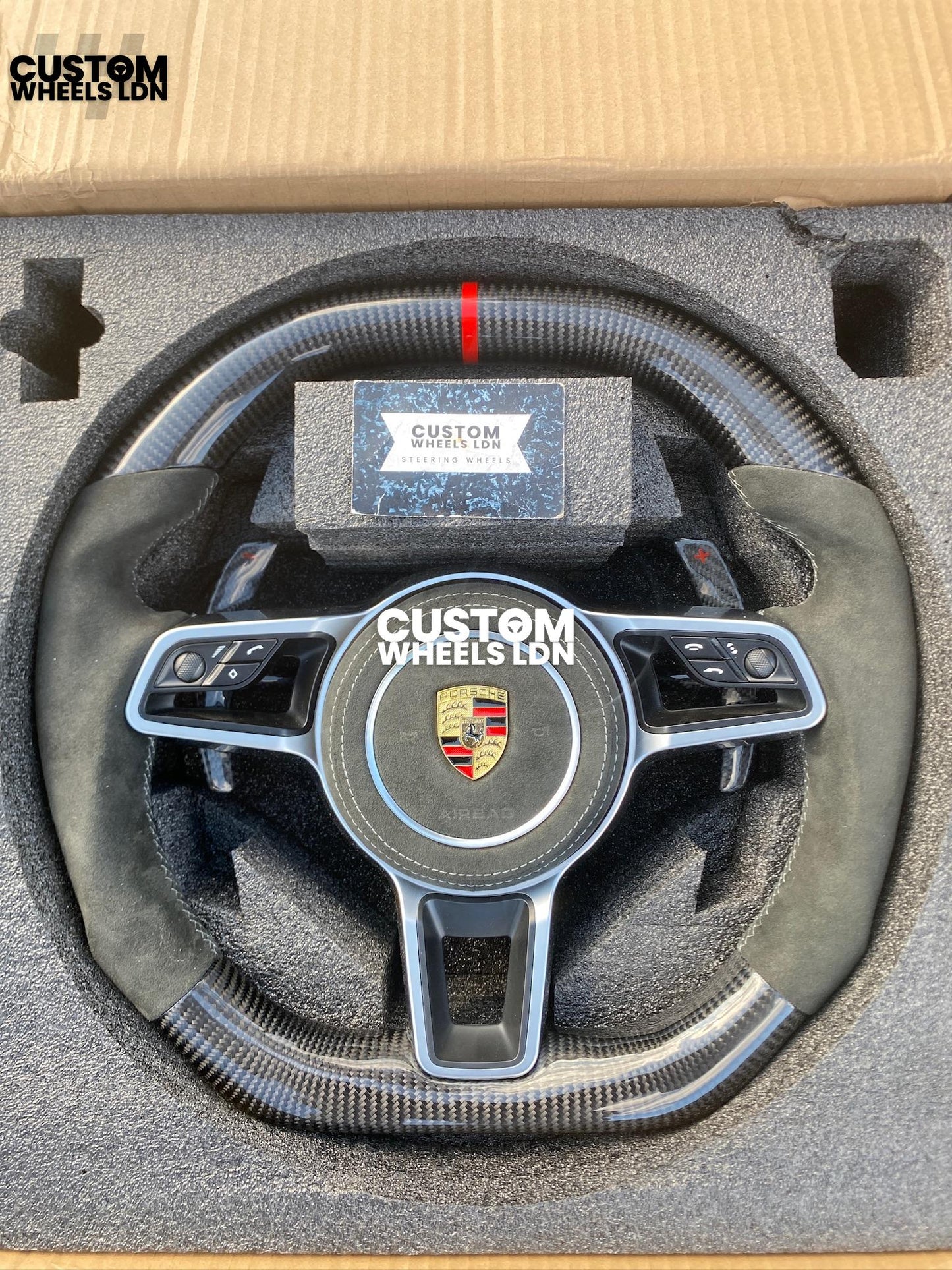 Porsche Custom Flat Top & Bottom Steering Wheel – Gloss Carbon Fibre, Alcantara Grips, Grey Stitching, Carbon Paddles, OEM Buttons | Fits 997.1, 991.1, 987, Panamera, Cayenne + more | Plug & Play | With Airbag | Upgrade for Older Models Available