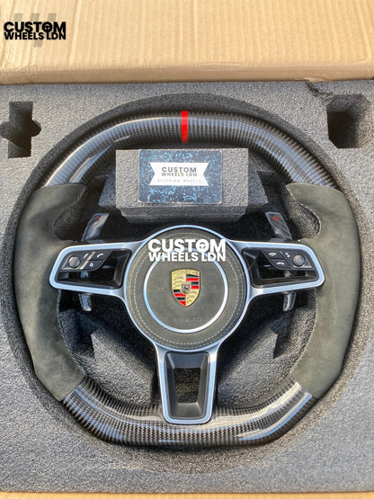 Porsche Custom Flat Top & Bottom Steering Wheel – Gloss Carbon Fibre, Alcantara Grips, Grey Stitching, Carbon Paddles, OEM Buttons | Fits 997.1, 991.1, 987, Panamera, Cayenne + more | Plug & Play | With Airbag | Upgrade for Older Models Available