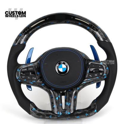 BMW Custom G-Series Steering Wheel – Blue Forged Carbon, LED Display, Flat Bottom, Blue Paddles – Fits G20 G21 G22 G30 G15 G05 G07 + more