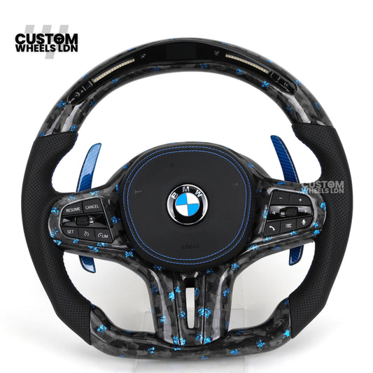 BMW Custom G-Series Steering Wheel – Blue Forged Carbon, LED Display, Flat Bottom, Blue Paddles – Fits G20 G21 G22 G30 G15 G05 G07 + more