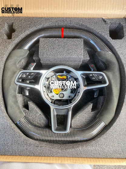 Porsche Custom Flat Top & Bottom Steering Wheel – Gloss Carbon Fibre, Alcantara Grips, Grey Stitching, Carbon Paddles, OEM Buttons | Fits 997.1, 991.1, 987, Panamera, Cayenne + more | Plug & Play | With Airbag | Upgrade for Older Models Available